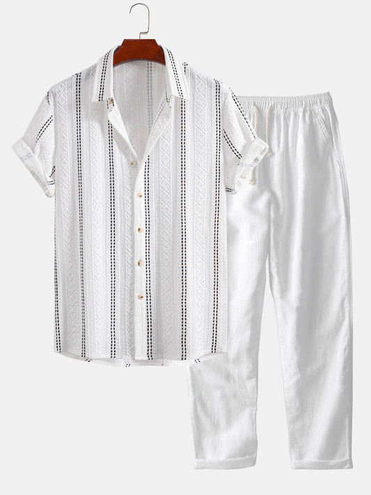 Geometric Striped Jacquard Button Up Shirt & Straight Leg Linen Pants