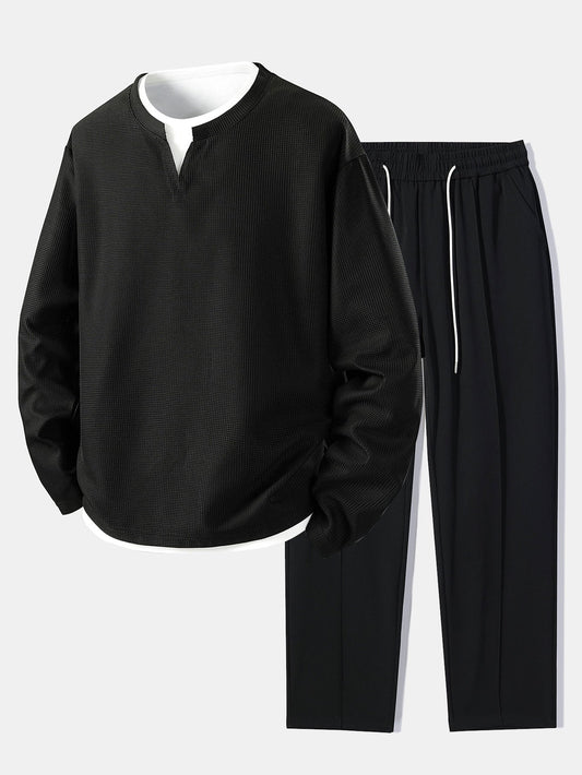 Relax Fit Long Sleeve 2 In 1 Waffle T-Shirt & Single Pleat Drawstring Straight Leg Pants