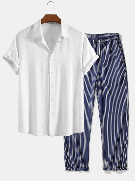 Linen Rayon Blend Button Up Shirt & Stripe Straight Leg Linen Pants